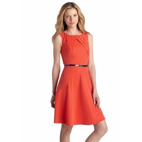New! AGB Women's Pleated Neckline Belted Fit & Flare Dress Size 12 Cantaloupe - Picture 1 of 2